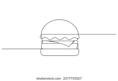 Continuous single line drawing of fresh delicious American burger restaurant logo emblem, Single line drawing of hamburger, Silhouette of fast food restaurant burger with cheese, cutlet and salad.