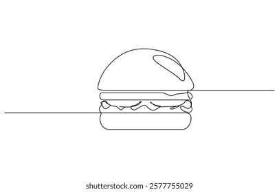 Continuous single line drawing of fresh delicious American burger restaurant logo emblem, Single line drawing of hamburger, Silhouette of fast food restaurant burger with cheese, cutlet and salad.