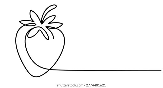 Continuous single line drawing of a fresh strawberry fruit with green leaves Vector, illustration