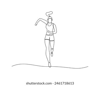 Continuous single line drawing of front view of a young woman jogging to be healthier. Healthy sport training concept. Design vector illustration