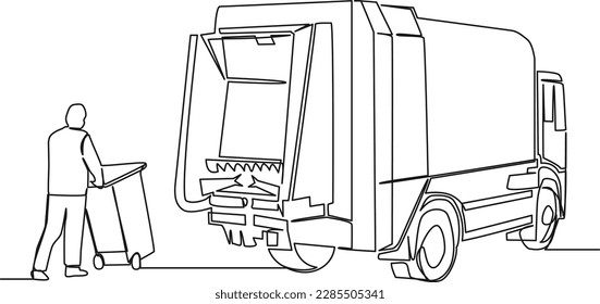 continuous single line drawing of garbage truck and garbage collector with garbage can, garbage collection concept line art vector illustration