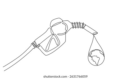 Continuous single line drawing of a gas pump nozzle dripping oil in the shape of the Earth, symbolizing global dependence on fossil fuels and environmental impact.