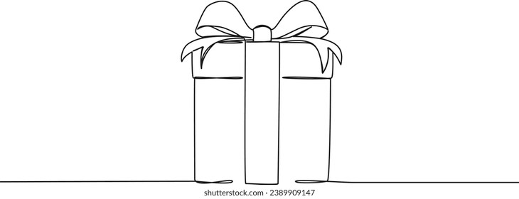 continuous single line drawing of gift box with ribbon, line art vector illustration