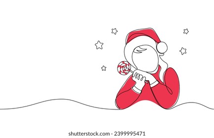 Kontinuierliche Zeichnung eines Mädchens, das einen Weihnachtsmütze trägt und einen Bonbons hält. Weihnachten, Urlaubskonzept. Line Art mit zusätzlicher roter Farbe. Vektorgrafik