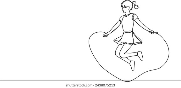 continuous single line drawing of girl jumping rope, line art vector illustration