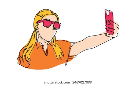 Dibujo continuo de una sola línea de la muchacha con el pelo de las coletas y usar gafas que toman selfie con la cámara del teléfono inteligente. Trazo editable. Ilustración vectorial coloreada.