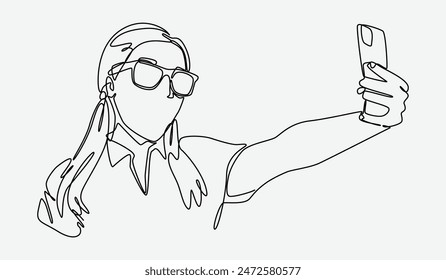 Dibujo continuo de una sola línea de la muchacha con el pelo de las coletas y usar gafas que toman selfie con la cámara del teléfono inteligente. Trazo editable. Ilustración vectorial.