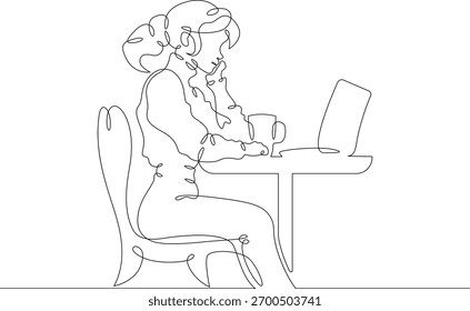 Continua chica de dibujo de una sola línea está sentada en una computadora portátil. Una mujer está trabajando en una computadora. Lineal . Una línea continua aislada ilustración minimalista. No la IA.
