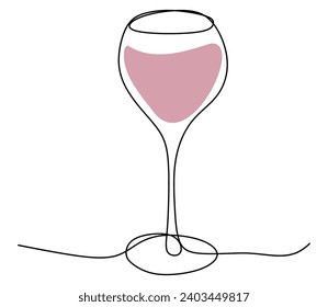 Continuous single line drawing of glass with Red wine. Minimalist line art of wineglass with red spot. Vector outline isolated illustration for restaurant logo, Menu, Card. Alcohol drink and beverage.
