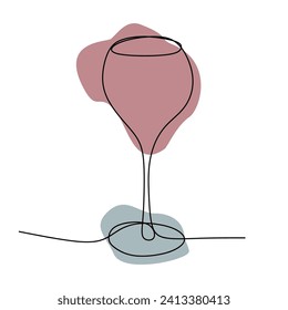 Continuous single Line drawing of Glass with Red wine. Minimalist line art of wineglass with color spots. Vector outline isolated illustration of Alcohol Drink for restaurant logo, Menu, Card.