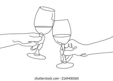 Continuous single Line drawing of Glasses of with drink. People Clink Glasses of Wine. Minimalist linear concept of celebrate and cheering. Vector illustration.