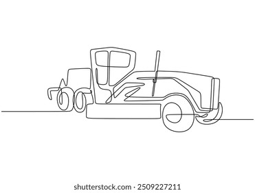 Continuous single line drawing of grader machinery. Illustrates a construction vehicle with a minimalist approach.
