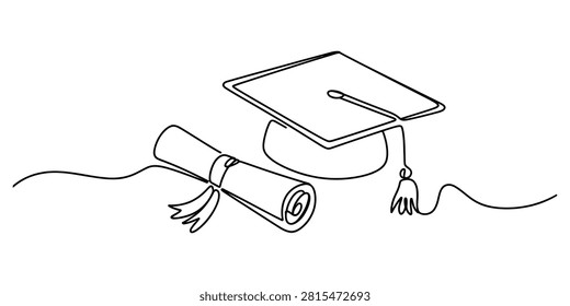 Continuous single line drawing of a graduation cap and a diploma scroll representing academic achievement and success in education and school Vector, illustration