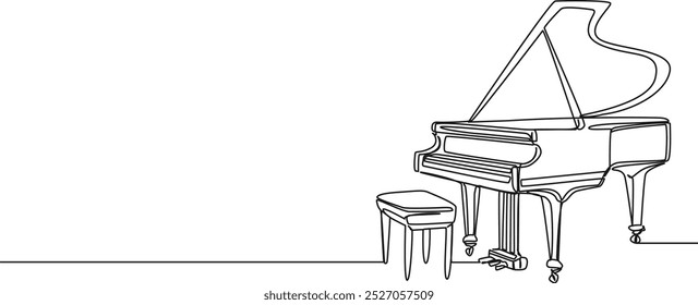 continuous single line drawing of grand piano, line art vector illustration