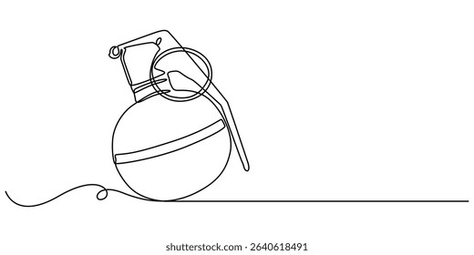 Continuous single line drawing of grenades isolated on white background. The equipment for war. Army weapon concept, Continuous one line drawing of hand grenade. equipment minimalism design. vector. 