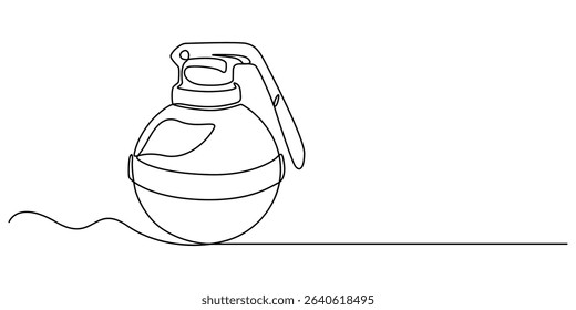 Continuous single line drawing of grenades isolated on white background. The equipment for war. Army weapon concept, Continuous one line drawing of hand grenade. equipment minimalism design. vector. 