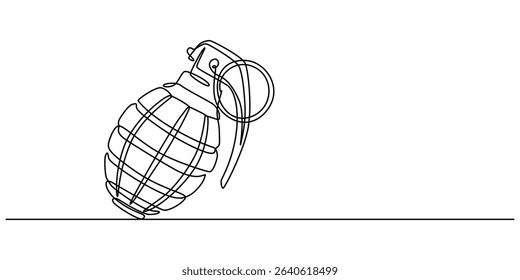 Continuous single line drawing of grenades isolated on white background. The equipment for war. Army weapon concept, Continuous one line drawing of hand grenade. equipment minimalism design. vector. 