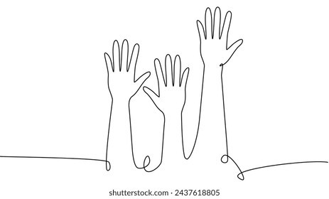 continuous single line drawing of a group of hands raised up. The concept of voting, elections, business team work