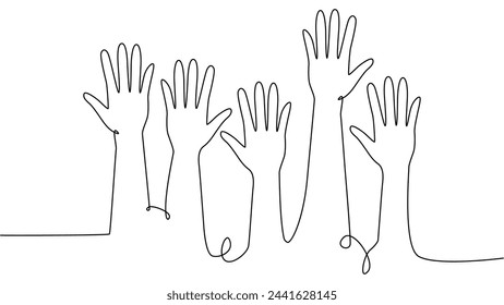 continuous single line drawing of a group of hands raised up. The concept of voting, elections, business team work