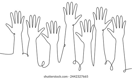 continuous single line drawing of a group of hands raised up. The concept of voting, elections, business team work