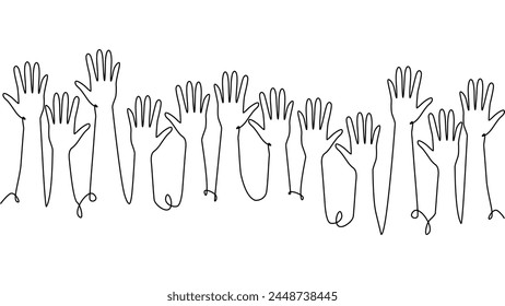 continuous single line drawing of a group of hands raised up. The concept of voting, elections, business team work