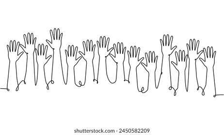 continuous single line drawing of a group of hands raised up. The concept of voting, elections, business team work