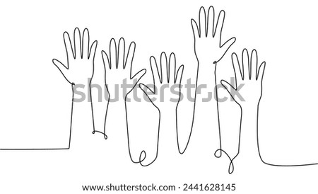 continuous single line drawing of a group of hands raised up. The concept of voting, elections, business team work