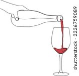 continuous single line drawing of hand holding bottle pouring wine into glass, line art vector illustration