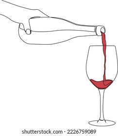 dibujo de línea única continua sujetando la botella de la mano vertiendo vino en vidrio, ilustración vectorial de línea