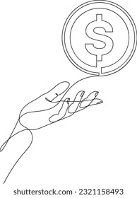 Continuous single line drawing of hand holding dollar coin. Currency, finance and business concept drawn in one line art. Vector illustration.