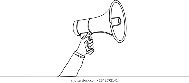 continuous single line drawing of hand holding megaphone, line art vector illustration