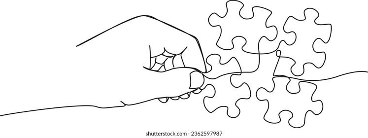 continuous single line drawing hand holding jigsaw puzzle piece  line art vector illustration