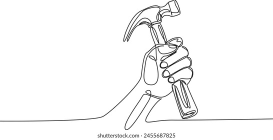 continuous single line drawing of hand holding hammer, line art vector illustration