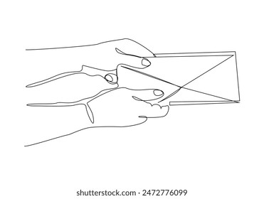 Continuous single line drawing hand gesture holding mail letter post card envelope one line message paper payment salary vector illustration