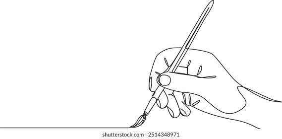 continuous single line drawing of hand holding paintbrush, line art vector illustration