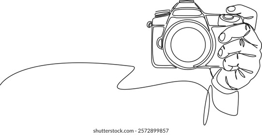 continuous single line drawing of hand holding DSLR camera, line art vector illustration