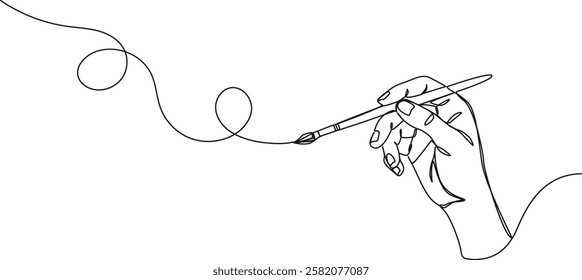 continuous single line drawing of hand holding paintbrush, line art vector illustration