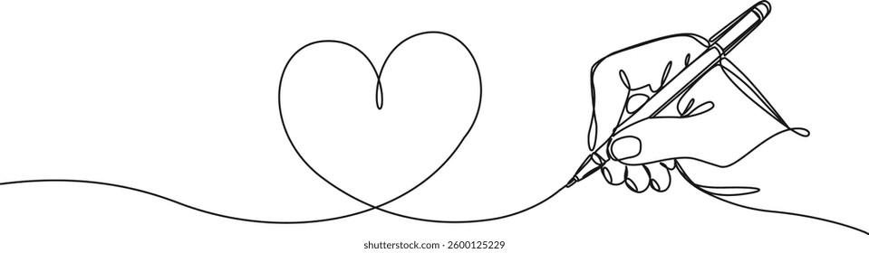 continuous single line drawing of hand holding pen drawing a heart shape, line art vector illustration