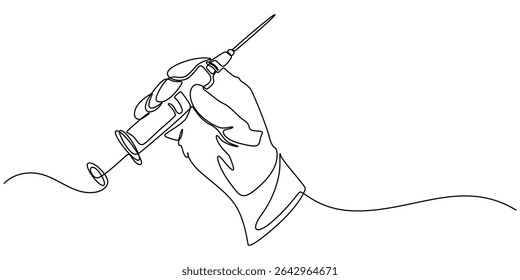 Continuous single line drawing of hand holds syringe. Syringe in one continuous line drawing vector illustration, Gloved hands holding syringe, one line art, continuous drawing contour. Coronavirus