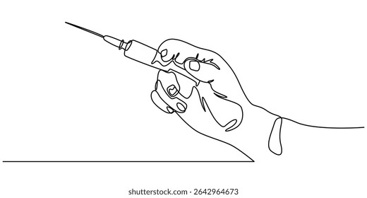 Continuous single line drawing of hand holds syringe. Syringe in one continuous line drawing vector illustration, Gloved hands holding syringe, one line art, continuous drawing contour. Coronavirus