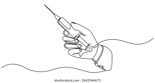 Continuous single line drawing of hand holds syringe. Syringe in one continuous line drawing vector illustration, Gloved hands holding syringe, one line art, continuous drawing contour. Coronavirus