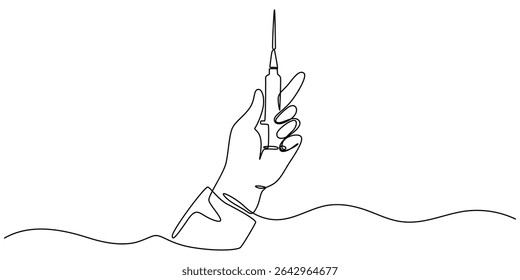 Continuous single line drawing of hand holds syringe. Syringe in one continuous line drawing vector illustration, Gloved hands holding syringe, one line art, continuous drawing contour. Coronavirus