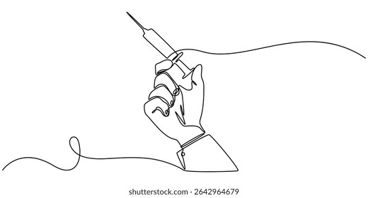 Continuous single line drawing of hand holds syringe. Syringe in one continuous line drawing vector illustration, Gloved hands holding syringe, one line art, continuous drawing contour. Coronavirus