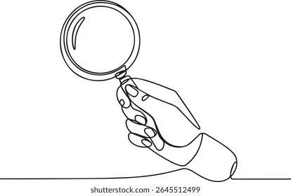 Continuous single line drawing of a hand holding a magnifying glass with chain, minimalist black and white sketch illustration


