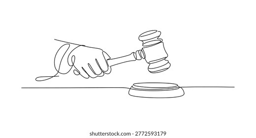 Continuous single line drawing of a hand holding a wooden judge gavel hitting a desk block for legal justice and court verdict concept Vector, illustration