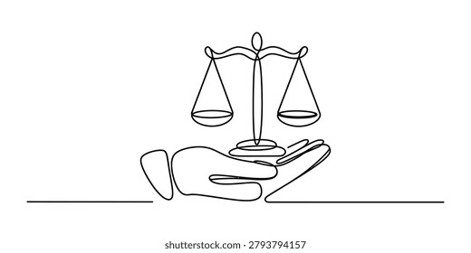 Continuous single line drawing of a hand holding a justice scale sign representing law and legal balance concept for business and professional ethics