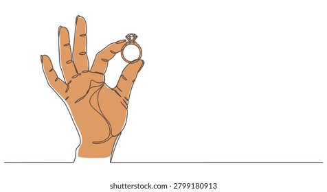 Continuous single line drawing of a hand holding a diamond engagement ring with engagement proposal marriage continuous illustration minimalist precious accessory celebration commitment