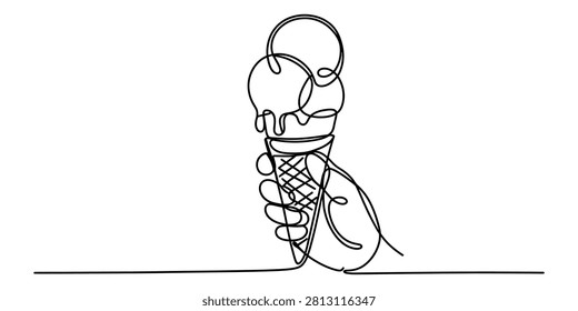 Continuous single line drawing of a hand holding a delicious ice cream cone with multiple scoops isolated on a plain white background for summer design Vector, illustration