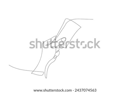 Continuous single line drawing of hand with paper, note. One line drawing of passenger ticket for bus, transport. Contour illustration of human hand purchasing sheet of paper. Vector sketch concept