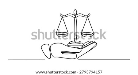 Continuous single line drawing of a hand holding a justice scale sign representing law and legal balance concept for business and professional ethics